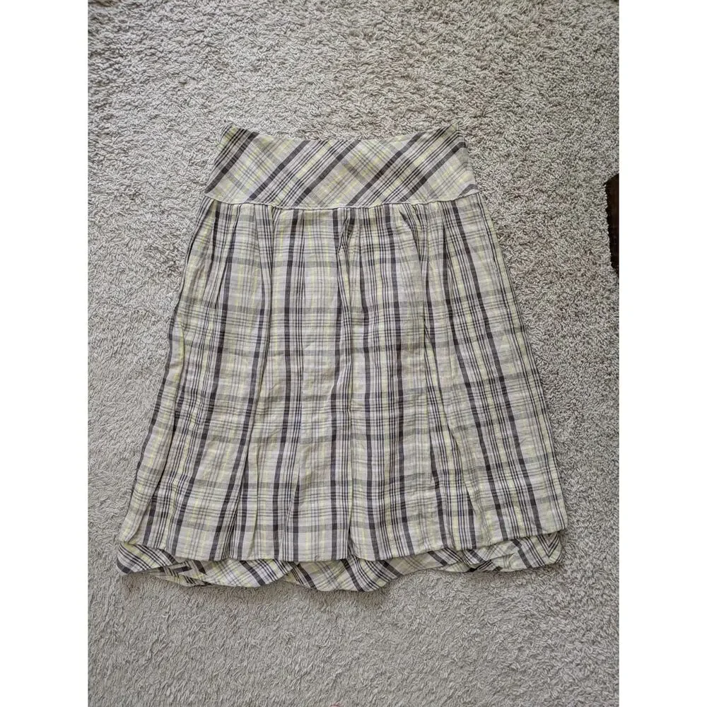 Lilith Heavy Linen Plaid Bubble Skirt Womens M/40 Brown-Yellow Prairie Lagenlook